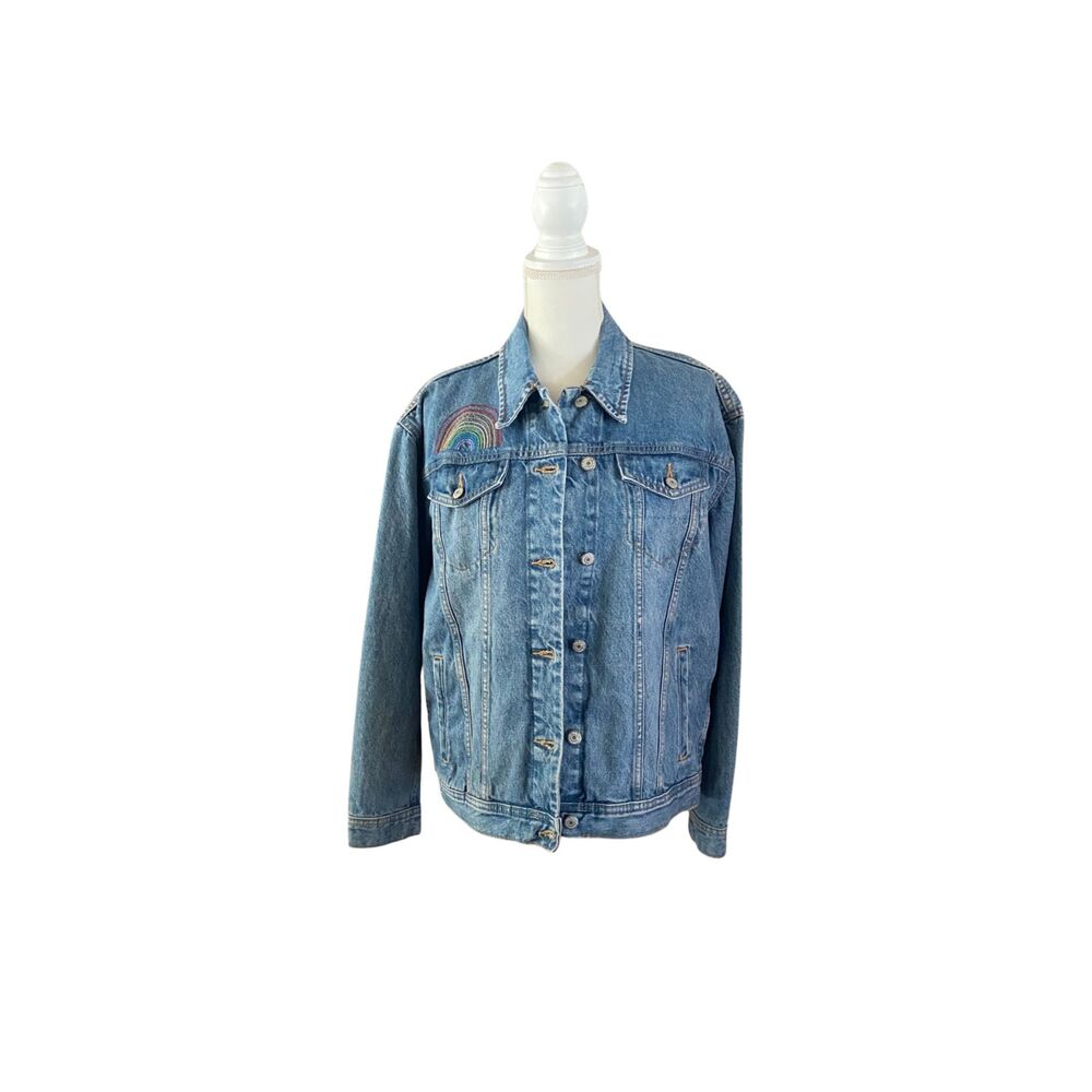 Old Navy Pride Denim Jean Jacket Women’s Medium Boyfriend Fit Blue Rainbow